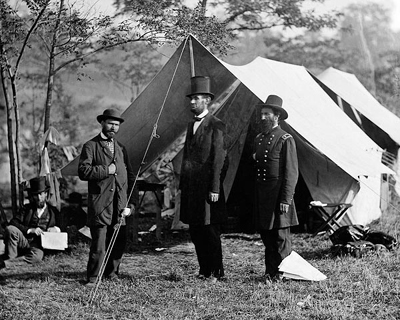President Abraham Lincoln with Allan Pinkerton and Major General John A. McClernand, Antietam, MD, 1862