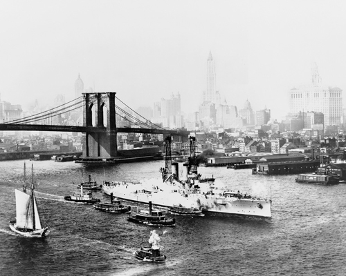 Brooklyn Bridge and USS Florida, 1912