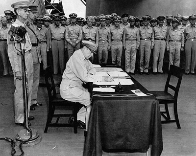General Douglas MacArthur Signing Japanese Surrender Aboard USS Missouri, September 2, 1945