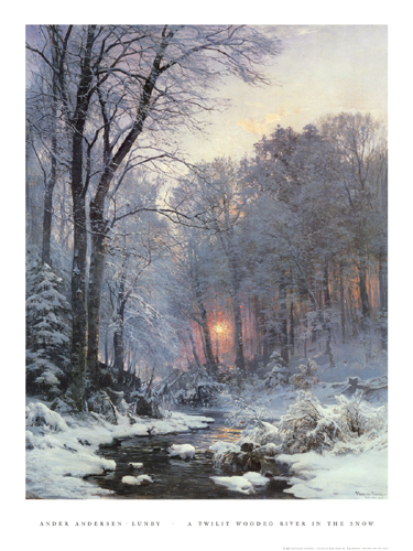 A Twilit Wooded River in the Snow