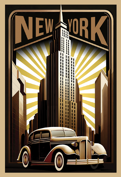New York (Gold Empire State Building & Vintage Car)