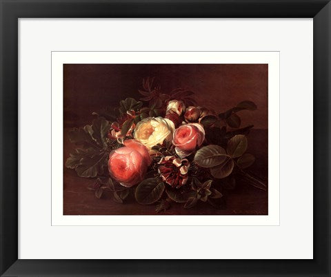 Framed Art Roses & Honeysuckle on a Ledge by Johan Laurentz Jensen