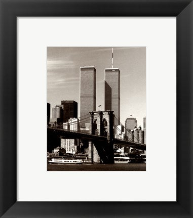 Framed Art World Trade Center / Brooklyn Bridge by Walter Gritsik