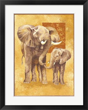 Framed Art Mother Elephant with Young by Philippe Genevrey | 19 3/4 x 15 3/4 A...