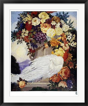 Framed Art White Peacock & Flowers by Jessie Arms Botke | 32 x 25 1/2