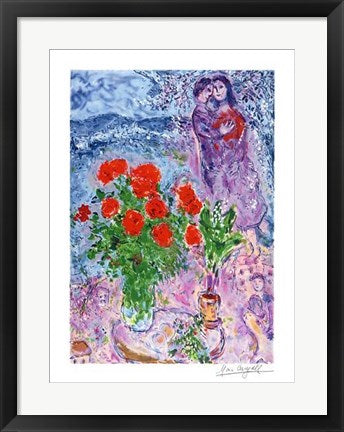 Framed Art Red Bouquet with Lovers by Marc Chagall | 24 x 18