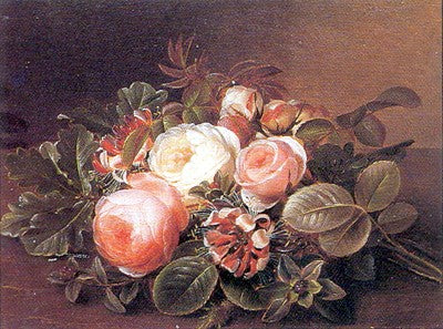 Roses & Honeysuckle on a Ledge by Johan Laurentz Jensen