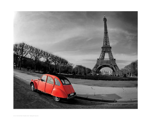Red in Motion by the Eiffel Tower Wall Art | 13 1/2 x 17 Fine Art Print