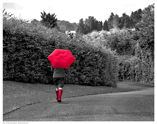 Red Boots and Umbrella Wall Art | 11 1/2 x 14 1/2 Fine Art Print