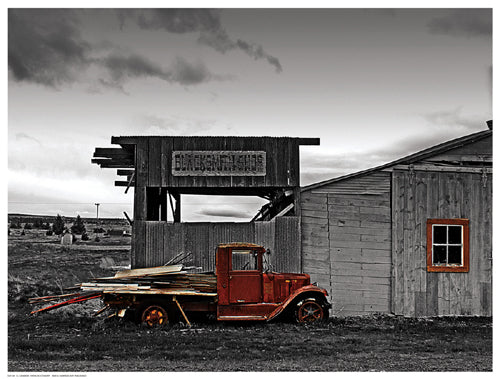 Framed Art Red Truck at Old Barn by G. Sanders | 12 ½ x 16 ½
