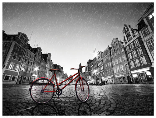 Framed Art Red Bike on Cobblestone Street by M. Bednarek | 12 ½ x 16 ½