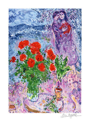 Red Bouquet with Lovers by Marc Chagall | 24 x 18 Fine Art Print