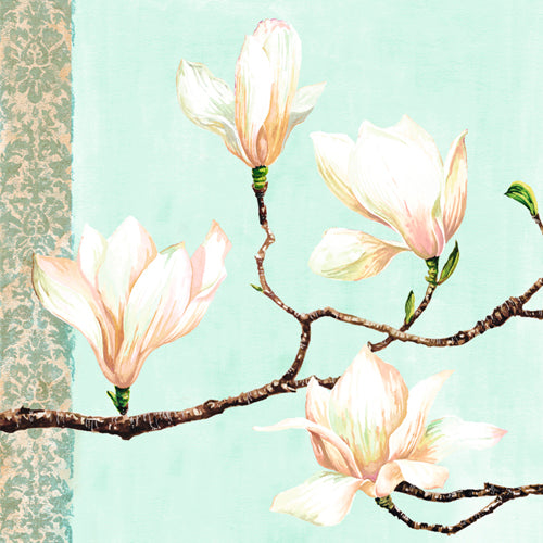 Magnolias on Turquoise by Louise Anglicas | 11 3/4 x 11 3/4 Fine Art Print