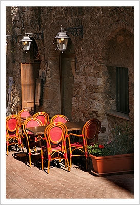 Framed Art Ristorante with Red Chairs, San Gimignano by Igor Maloratsky