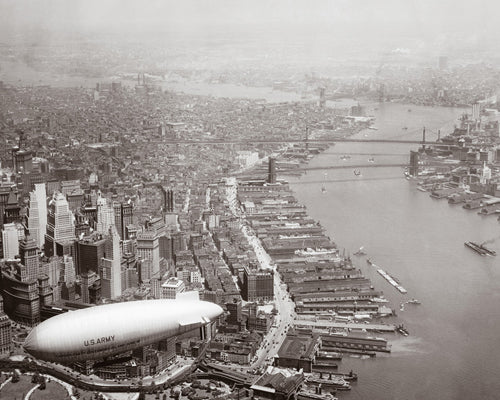 Framed Art Army Blimp Over Lower Manhattan, 1928 by McMahan Photo Archive