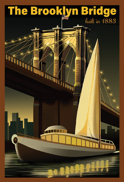 Framed Art Brooklyn Bridge: Built in 1883 (Boat at Night) 