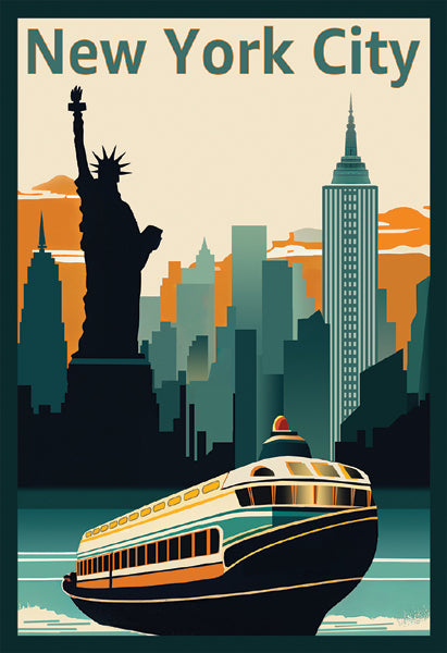 New York City Landmarks & Ferry Wall Art | 18 ½ x 12 ½ Fine Art Print